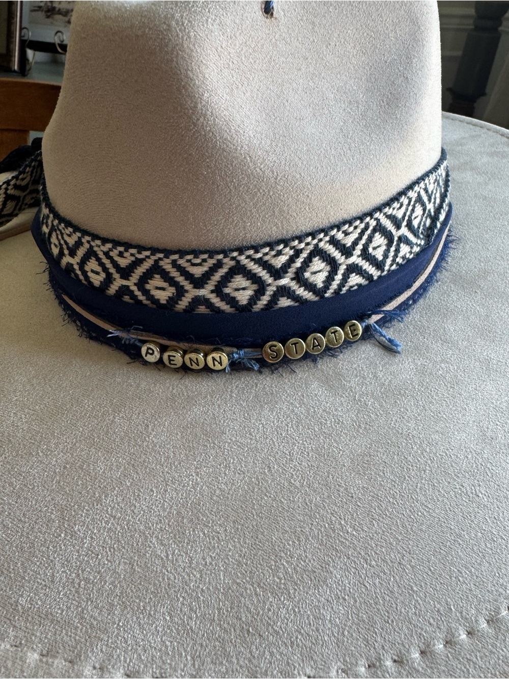 Hand Crafted Cream Wide-Brim Embellished Penn State Hat - Picture 4 of 14